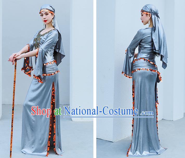 Asian Raks Sharki Belly Dance Stage Performance Costume Indian Traditional Oriental Dance Grey Robe and Headwear