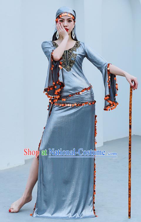 Asian Raks Sharki Belly Dance Stage Performance Costume Indian Traditional Oriental Dance Grey Robe and Headwear