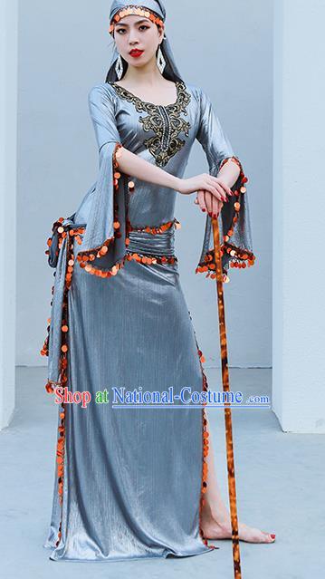 Asian Raks Sharki Belly Dance Stage Performance Costume Indian Traditional Oriental Dance Grey Robe and Headwear