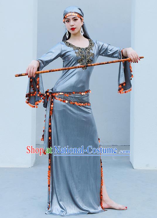 Asian Raks Sharki Belly Dance Stage Performance Costume Indian Traditional Oriental Dance Grey Robe and Headwear