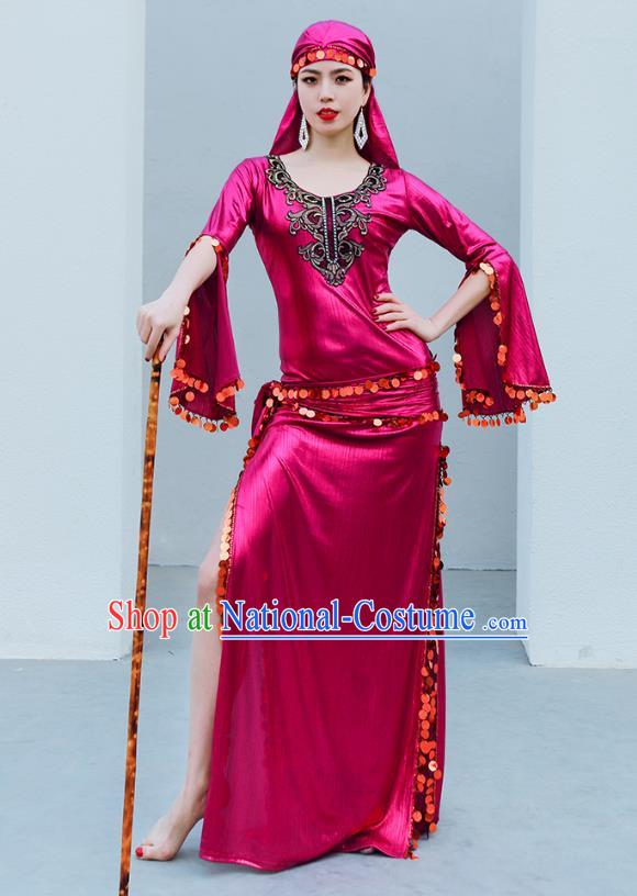 Asian Oriental Dance Raks Sharki Stage Performance Costume Indian Traditional Belly Dance Rosy Robe and Headpiece