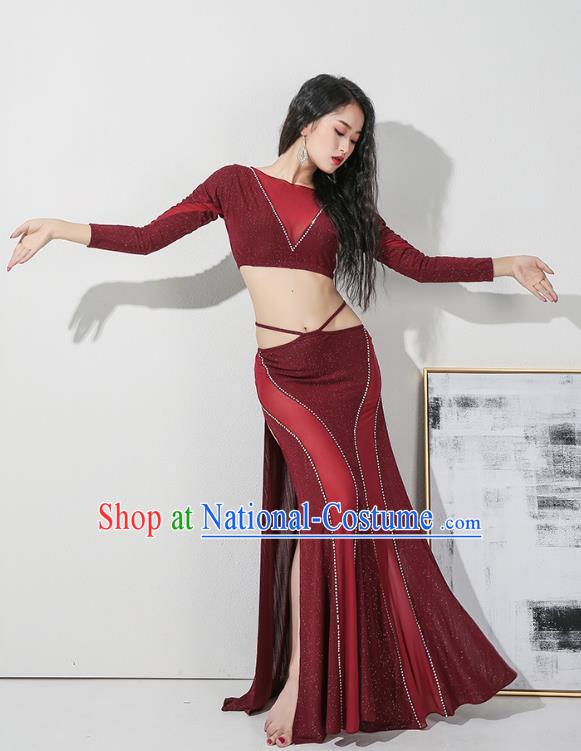 Asian Raks Sharki Oriental Dance Costume Indian Traditional Belly Dance Training Wine Red Uniforms