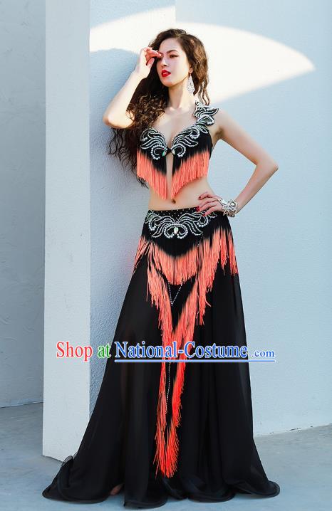 Indian Belly Dance Competition Orange Tassel Uniforms Traditional Asian Oriental Dance Stage Show Costumes