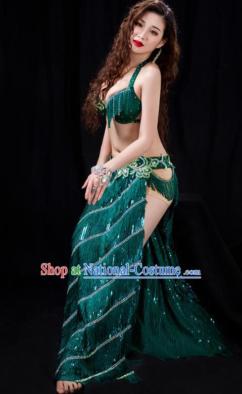 Traditional Asian Oriental Dance Stage Performance Costumes Indian Belly Dance Competition Green Tassel Bra and Skirt Sexy Uniforms