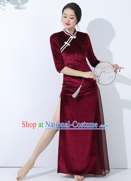 China Traditional Palace Fan Dance Stage Performance Clothing Classical Dance Wine Red Qipao Dress