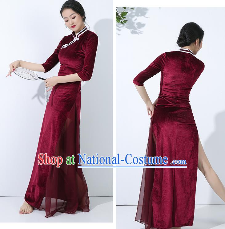 China Traditional Palace Fan Dance Stage Performance Clothing Classical Dance Wine Red Qipao Dress