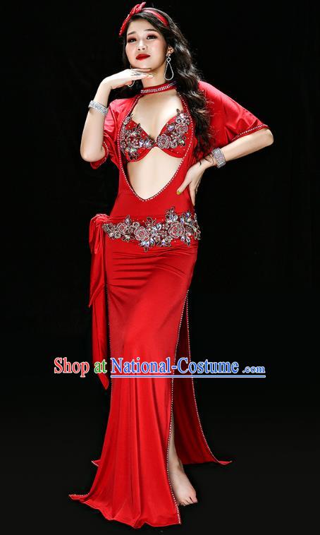 Asian Oriental Dance Stage Costumes Traditional Indian Belly Dance Performance Red Bra and Robe Outfits