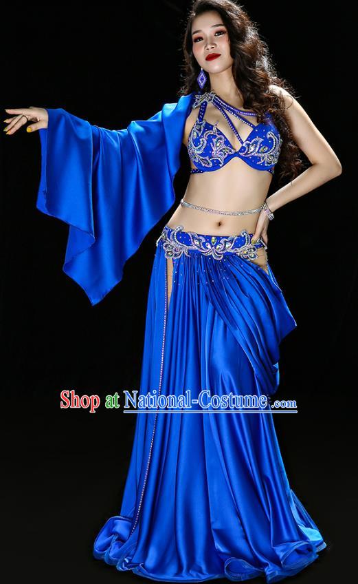 Indian Belly Dance Performance Blue Satin Outfits Traditional Asian Oriental Dance Bra and Skirt Costumes