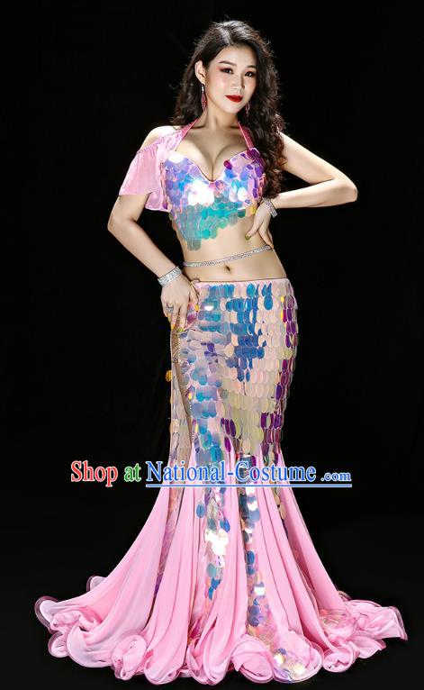 Asian Oriental Dance Sequins Pink Fishtail Dress Traditional Indian Belly Dance Group Performance Costume