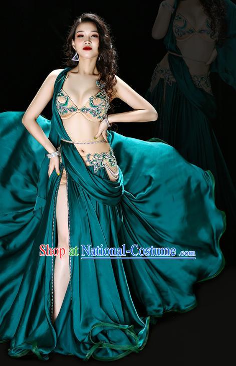 Asian Oriental Dance Stage Performance Outfits Traditional Indian Belly Dance Bra and Green Skirt Costume