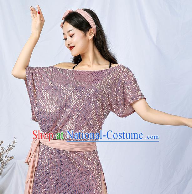 India Traditional Belly Dance Clothing Asian Oriental Dance Pink Sequins Robe