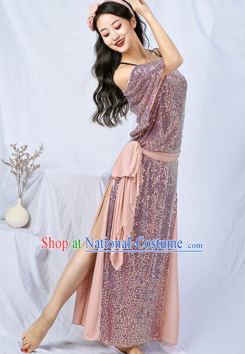 India Traditional Belly Dance Clothing Asian Oriental Dance Pink Sequins Robe