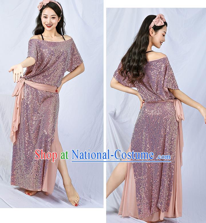 India Traditional Belly Dance Clothing Asian Oriental Dance Pink Sequins Robe