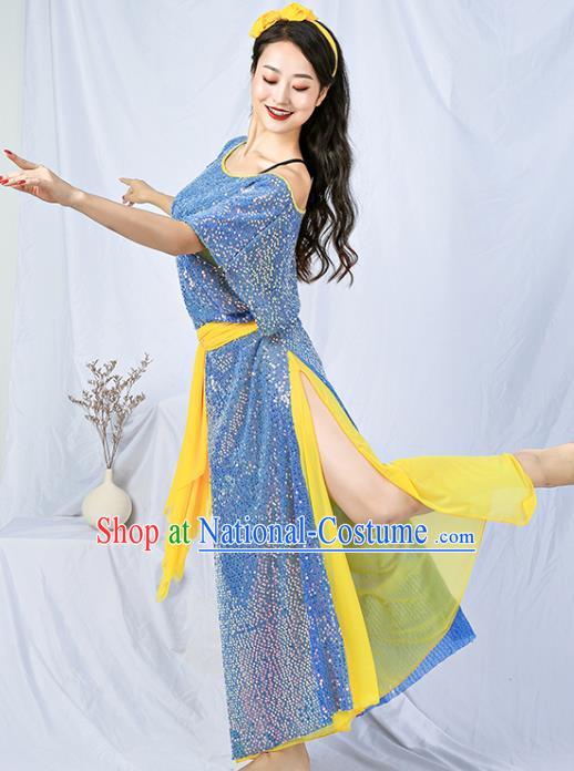 Asian Oriental Dance Sequins Robe India Traditional Belly Dance Stage Performance Blue Dress Clothing