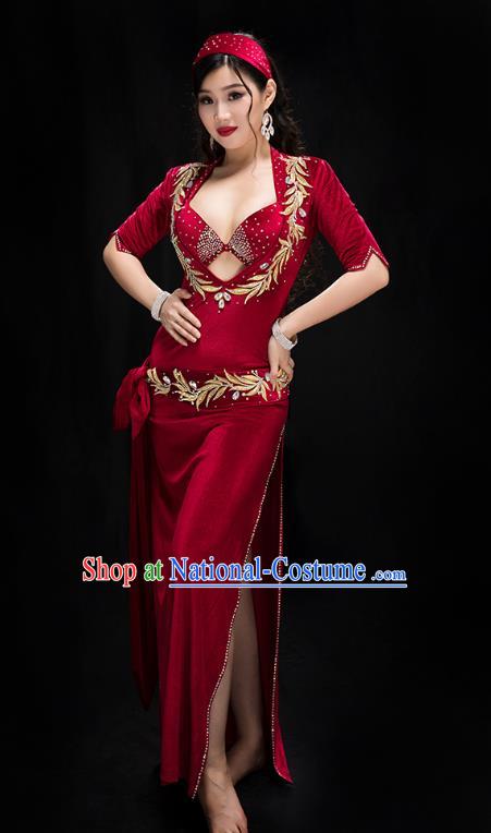 Asian Oriental Dance Stage Performance Outfits Traditional Indian Belly Dance Wine Red Bra and Velvet Robe Costume