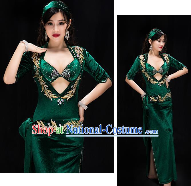 Traditional Indian Belly Dance Green Bra and Velvet Robe Costume Asian Oriental Dance Outfits