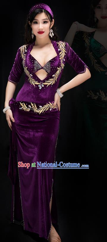 Traditional Indian Belly Dance Stage Performance Bra and Robe Costume Asian Oriental Dance Purple Velvet Outfits