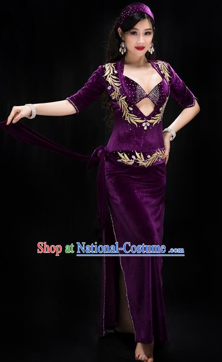 Traditional Indian Belly Dance Stage Performance Bra and Robe Costume Asian Oriental Dance Purple Velvet Outfits