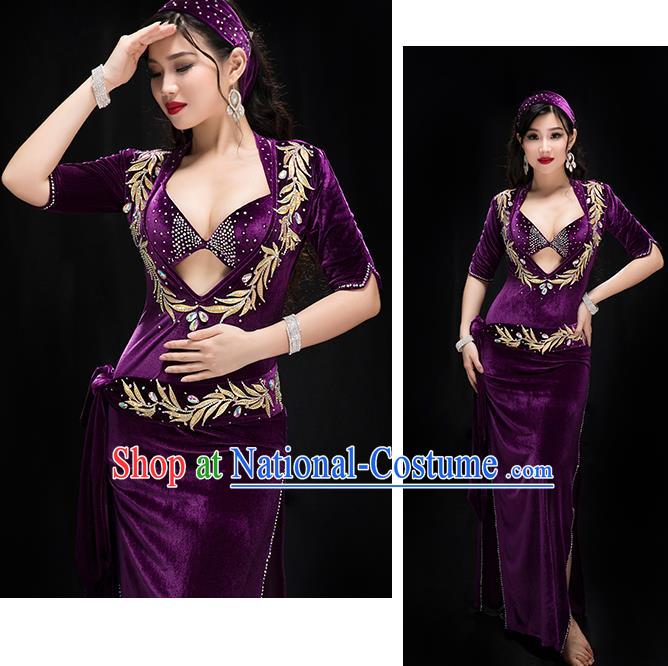 Traditional Indian Belly Dance Stage Performance Bra and Robe Costume Asian Oriental Dance Purple Velvet Outfits