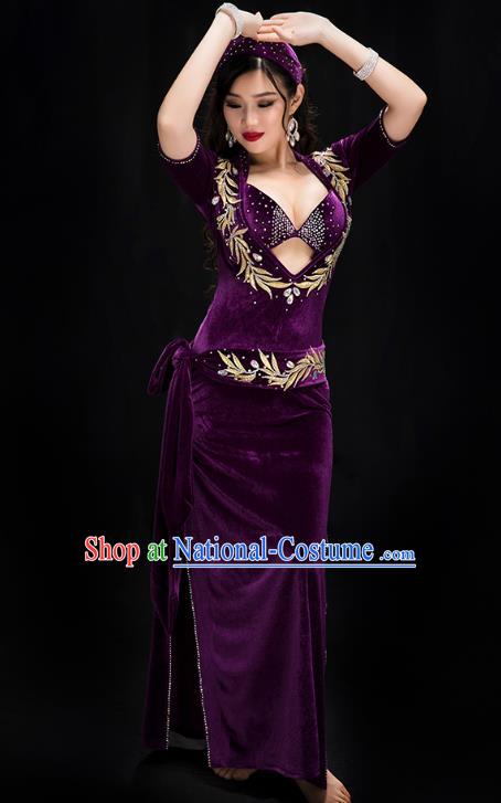 Traditional Indian Belly Dance Stage Performance Bra and Robe Costume Asian Oriental Dance Purple Velvet Outfits