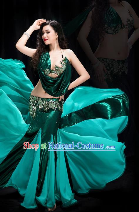 Traditional Asian Oriental Dance Green Outfits Indian Belly Dance Stage Performance Bra and Skirt Costume