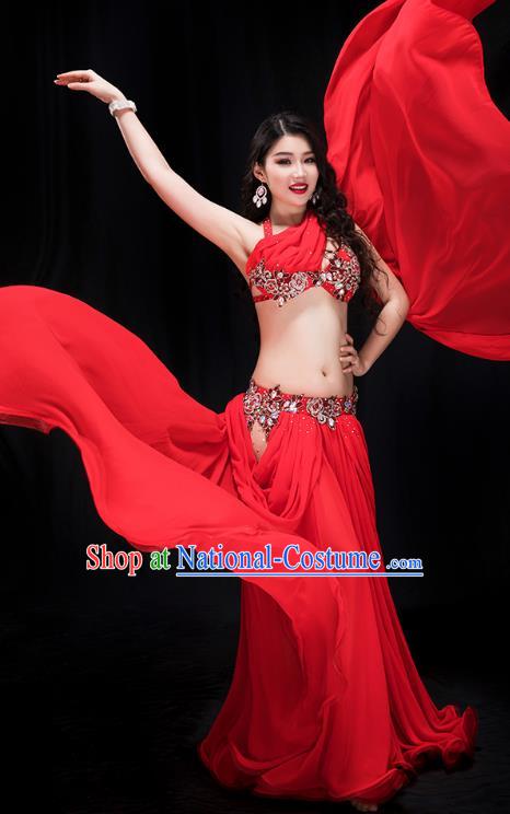 Traditional Asian Oriental Dance Stage Performance Clothing Indian Belly Dance Red Bra and Skirt Outfits