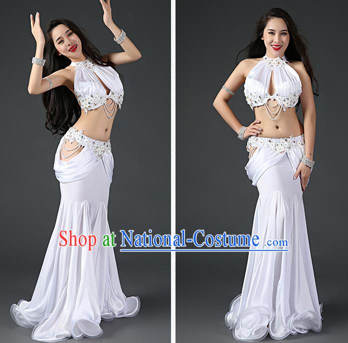 Asian Oriental Dance Bra and Fishtail Skirt Clothing Traditional Indian Belly Dance Sexy White Outfits