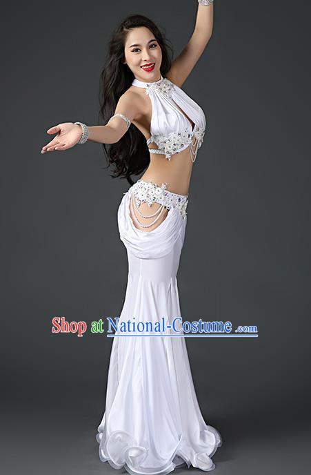 Asian Oriental Dance Bra and Fishtail Skirt Clothing Traditional Indian Belly Dance Sexy White Outfits