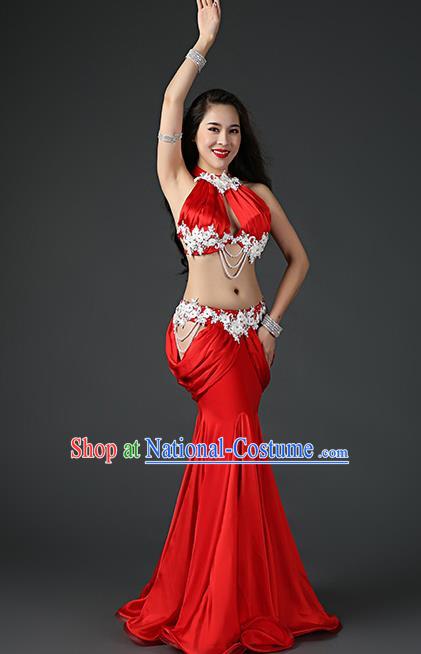 Traditional Indian Belly Dance Sexy Red Outfits Clothing Asian Oriental Dance Bra and Fishtail Skirt