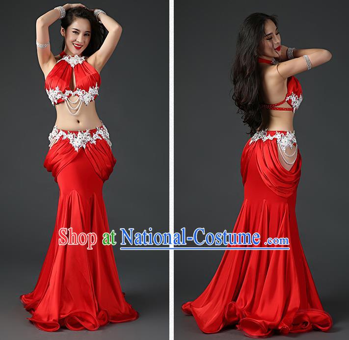 Traditional Indian Belly Dance Sexy Red Outfits Clothing Asian Oriental Dance Bra and Fishtail Skirt