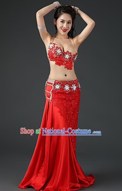 Asian Oriental Dance Embroidered Bra and Red Skirt Traditional Indian Belly Dance Stage Performance Outfits Clothing