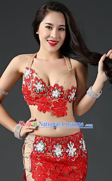 Asian Oriental Dance Embroidered Bra and Red Skirt Traditional Indian Belly Dance Stage Performance Outfits Clothing