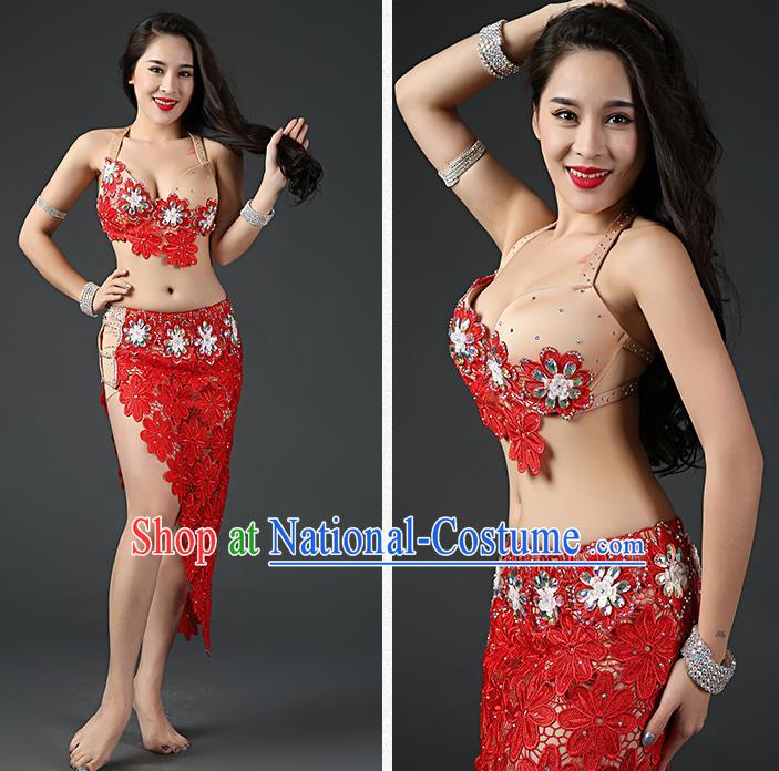 Asian Oriental Dance Embroidered Bra and Red Skirt Traditional Indian Belly Dance Stage Performance Outfits Clothing