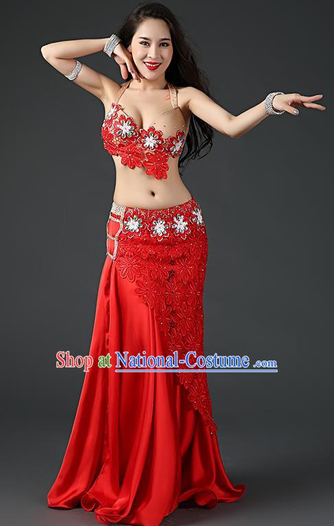 Asian Oriental Dance Embroidered Bra and Red Skirt Traditional Indian Belly Dance Stage Performance Outfits Clothing