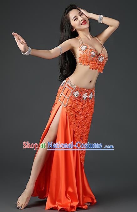 Asian Stage Performance Clothing Oriental Dance Embroidered Bra and Skirt Traditional Indian Belly Dance Orange Outfits