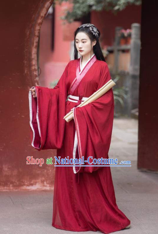 China Ancient Palace Lady Red Hanfu Dress Apparels Traditional Jin Dynasty Historical Clothing