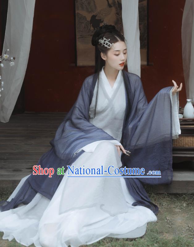 China Ancient Swordswoman Hanfu Dress Traditional Jin Dynasty Young Beauty Grey Clothing