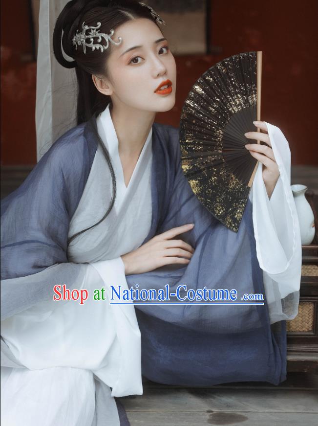 China Ancient Swordswoman Hanfu Dress Traditional Jin Dynasty Young Beauty Grey Clothing