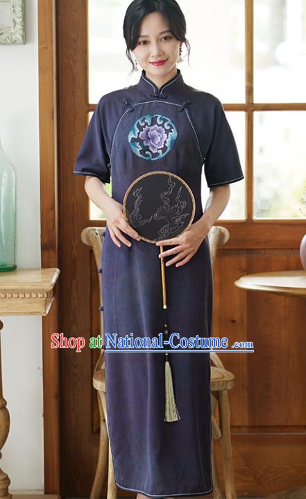 China Classical Cheongsam Dress National Embroidered Peony Purple Silk Qipao Costume