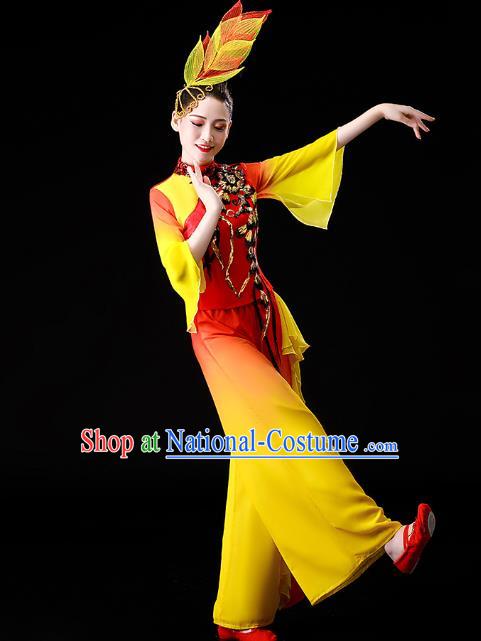 Chinese Traditional Folk Dance Fan Dance Clothing Yangko Dance Performance Yellow Outfits