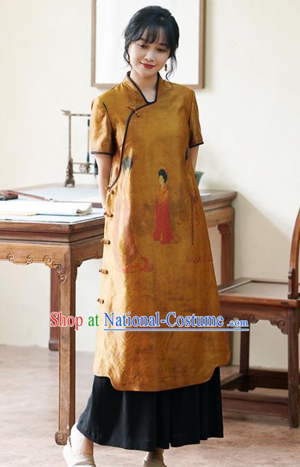 China National Printing Cheongsam Classical Beauty Pattern Ginger Silk Qipao Dress