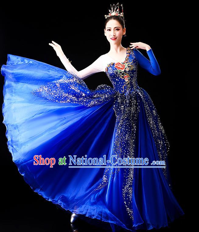 China Chorus Group Costume Spring Festival Gala Opening Dance Royalblue Dress Classical Dance Clothing