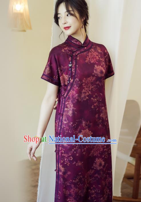 China Classical Purple Silk Qipao Dress National Printing Chrysanthemum Cheongsam