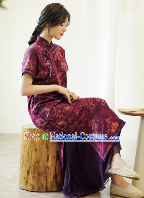 China Classical Purple Silk Qipao Dress National Printing Chrysanthemum Cheongsam