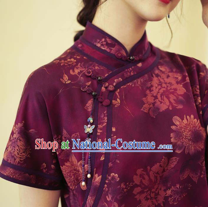 China Classical Purple Silk Qipao Dress National Printing Chrysanthemum Cheongsam