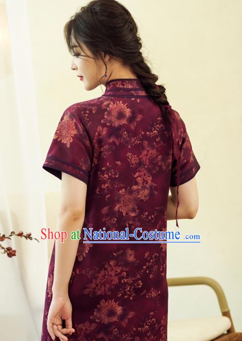 China Classical Purple Silk Qipao Dress National Printing Chrysanthemum Cheongsam