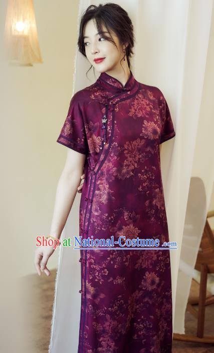 China Classical Purple Silk Qipao Dress National Printing Chrysanthemum Cheongsam