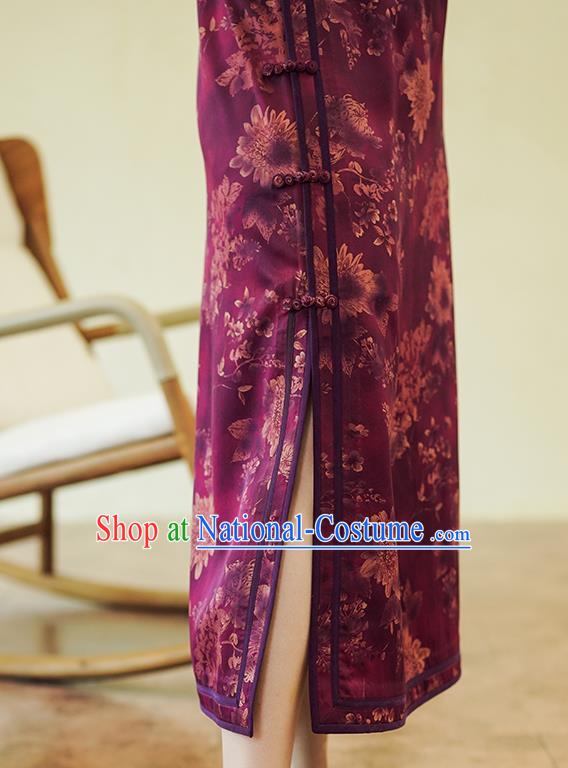 China Classical Purple Silk Qipao Dress National Printing Chrysanthemum Cheongsam