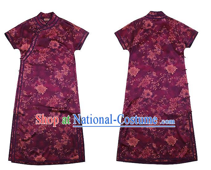 China Classical Purple Silk Qipao Dress National Printing Chrysanthemum Cheongsam