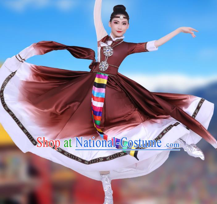 Chinese Traditional Zang Nationality Folk Dance Clothing Xizang Tibetan Ethnic Performance Brown Dress